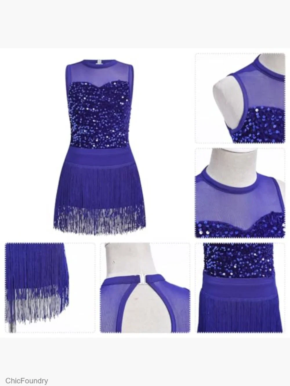 2PCS Girls Sequin Fringe Bodysuit & Tassel Skirt Dance Outfit